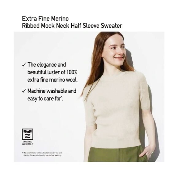 Uniqlo Mock Neck Half Sleeve Merino Ribbed Sweater - sz Medium - Picture 2 of 10